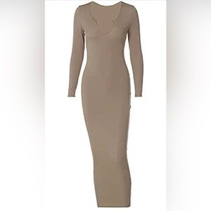 Antopmen Women's Med V Neck Ribbed Long Sleeve Midi Dress Bodycon Maxi Dress NWT